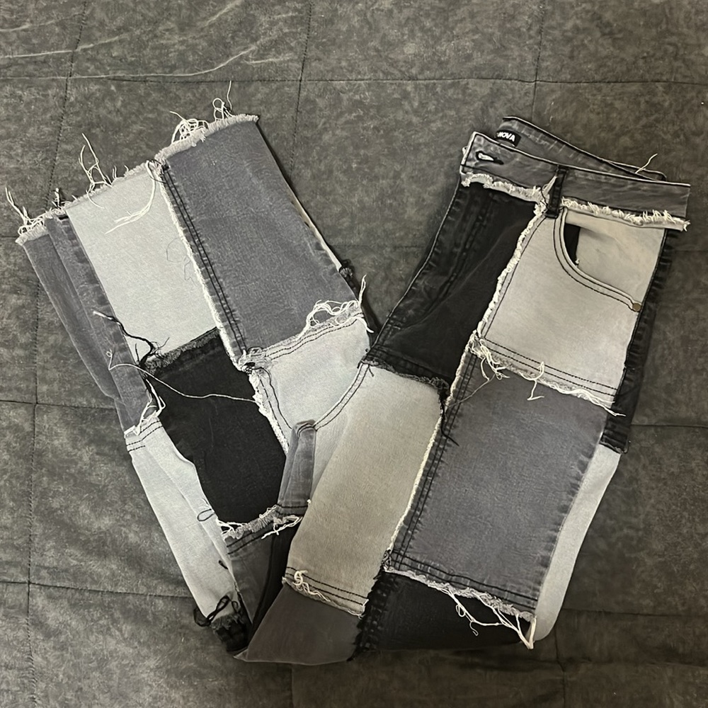 Black Patchwork Distressed Straight Leg Jeans - image 3